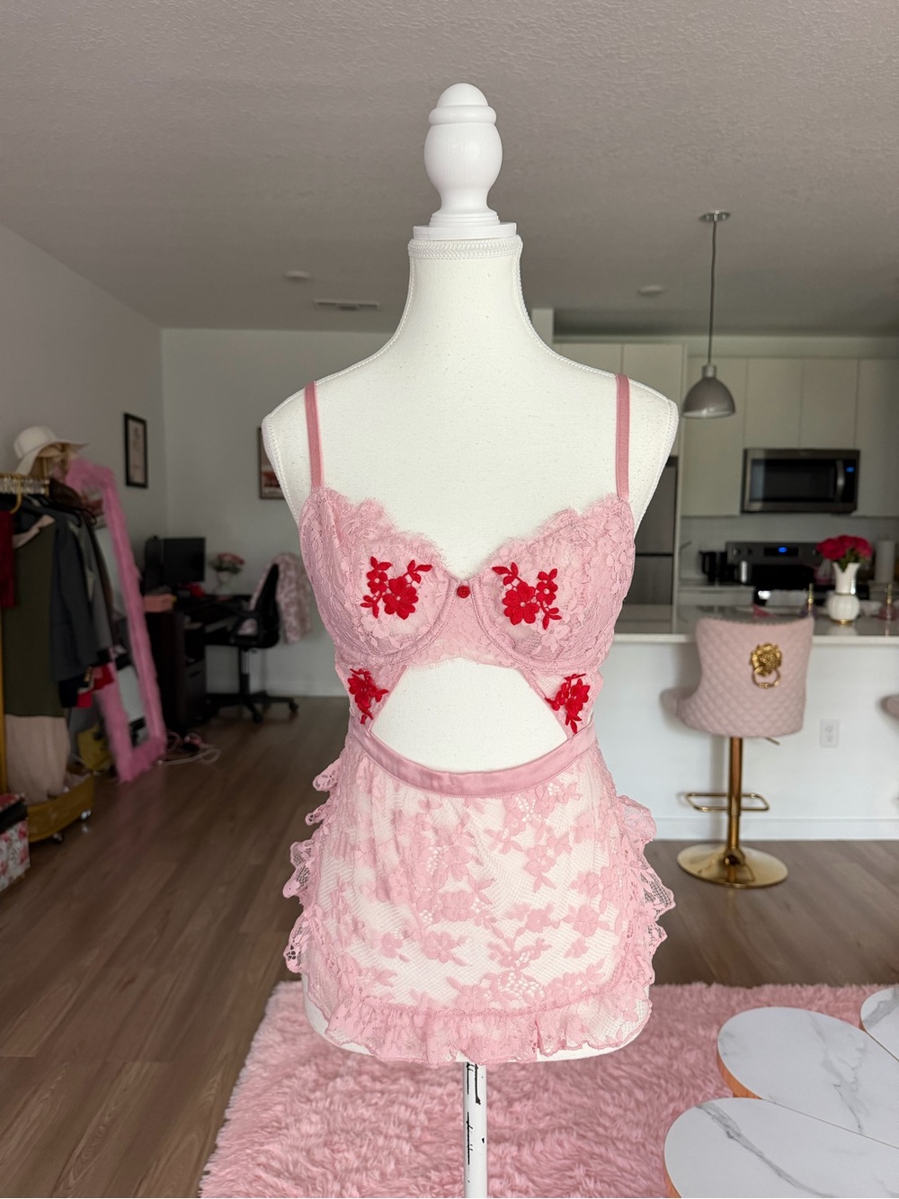 Victoria's Secret Pink Lace apron with Red Floral Appliqué